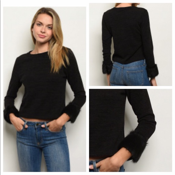 Black Long Sleeve Faux Fur Trim Top - Picture 7 of 7